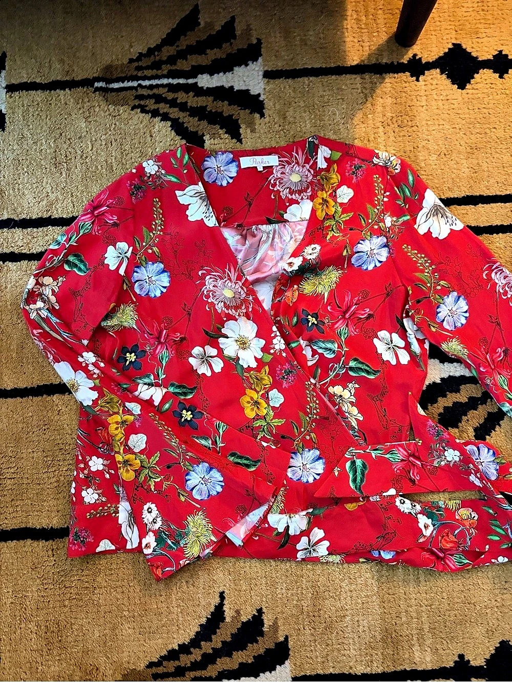 Parker Floral Wrap Blouse in Red, Size Small, Like New